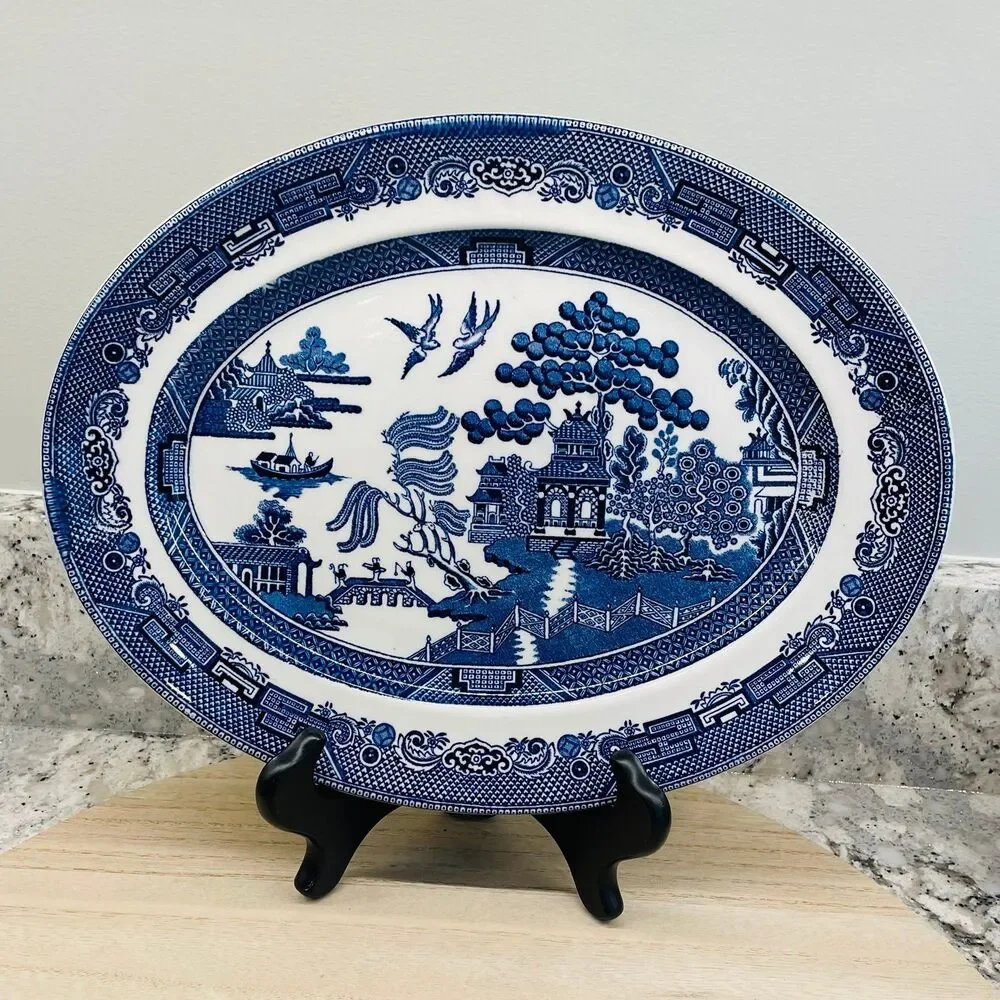 Vintage 12" Oval Blue Willow Serving Dish Plate Johnson Brothers England - Picture 1 of 6